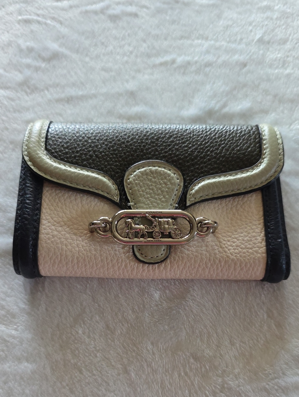 Coach Tri-Color Pebbled Leather Trifold Wallet in Tan, Olive and Navy